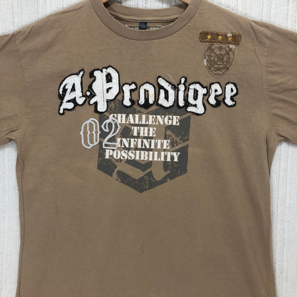 A.Prodigee Mens Graphic Tee Tan Brown Military Crest‎ Applique Shirt Large